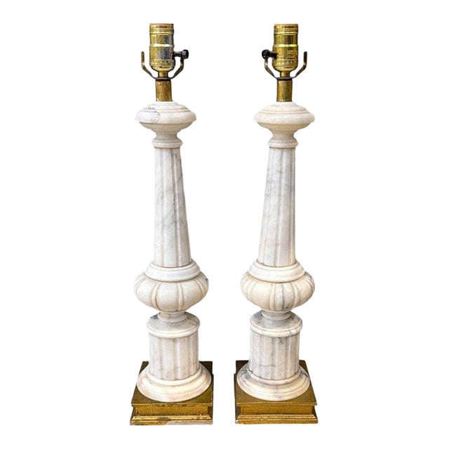 1940 French Carved Alabaster Columns Lamps - a Pair For Sale