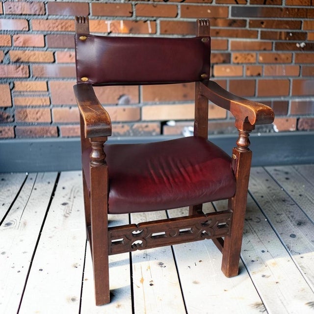 Brutalist Rare Antique Spanish Revival / Gothic Oak Armchair in Oxblood Leather & Bronze Accents For Sale - Image 3 of 12