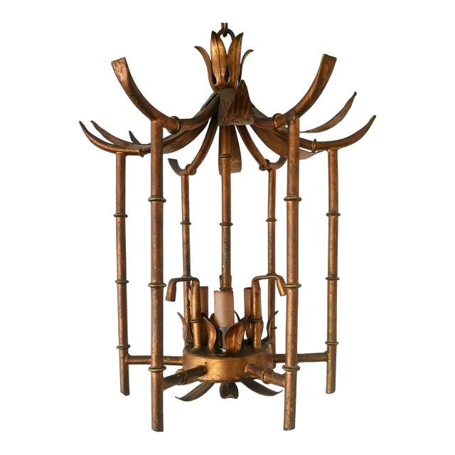 Vintage Chinoiserie Faux Bamboo Brass Pagoda Hanging Light For Sale