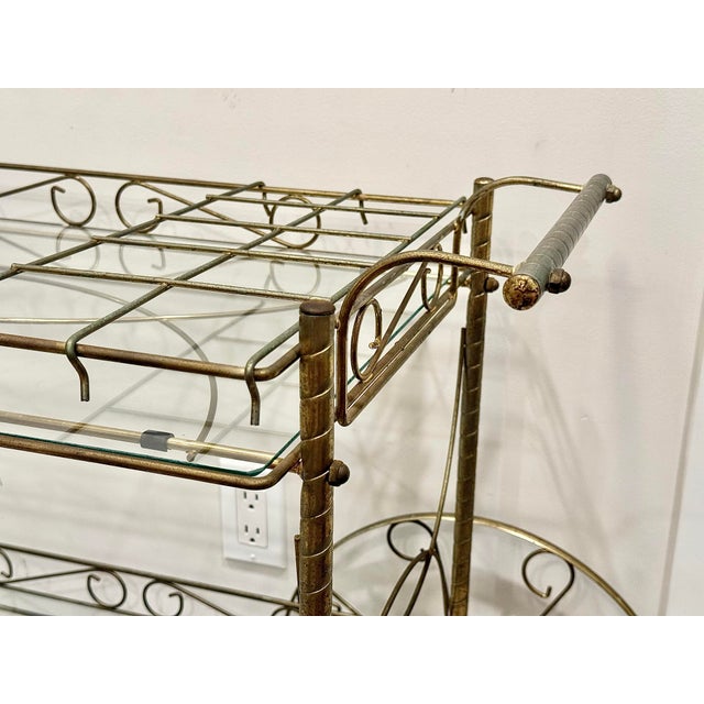 Metal Whimsical Mid‑Century Hollywood Regency TwoTier Brass Bar Cart Trolly For Sale - Image 7 of 9