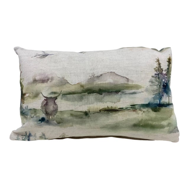 Small Bolster Pillow Decorated With a Rustic Water Color-Look Landscape Featuring Roaming Bison & Towering Trees - Made in Uk. For Sale