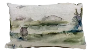 Small Bolster Pillow Decorated With a Rustic Water Color-Look Landscape Featuring Roaming Bison & Towering Trees - Made in Uk.