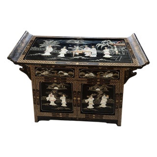 Vintage Chinese Lacquer Cabinet Sideboard W/ Raised Hardstone Mother of Pearl Figural Inlay For Sale