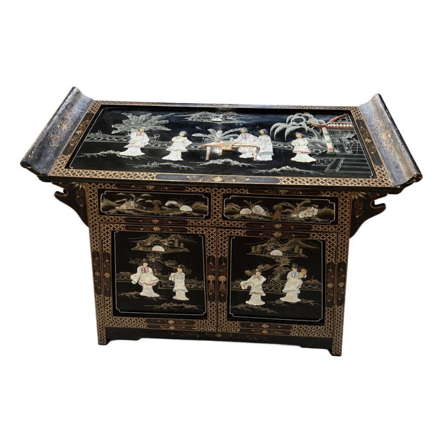 Vintage Chinese Lacquer Cabinet Sideboard W/ Raised Hardstone Mother of Pearl Figural Inlay For Sale