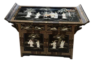 Vintage Chinese Lacquer Cabinet Sideboard W/ Raised Hardstone Mother of Pearl Figural Inlay
