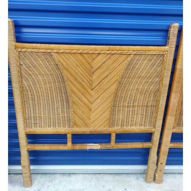 1970s Vintage Mid Century Modern Rattan Wicker Chevron Pencil Reed Twin