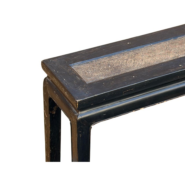 Distressed Rustic Black Lacquer Rattan Narrow Wood Bench Table For Sale - Image 10 of 11