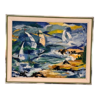 Vintage Mid-Century Modern Expressionist Sailboat Seascape Painting, Art Shop Lake Worth For Sale