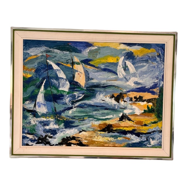 Vintage Mid-Century Modern Expressionist Sailboat Seascape Painting, Art Shop Lake Worth For Sale