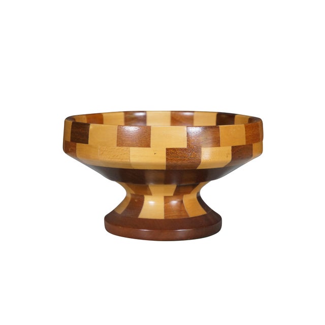 Vintage segmented turned wood parquetry fruit centerpiece pedestal compote bowl. Made from many different types of wood...