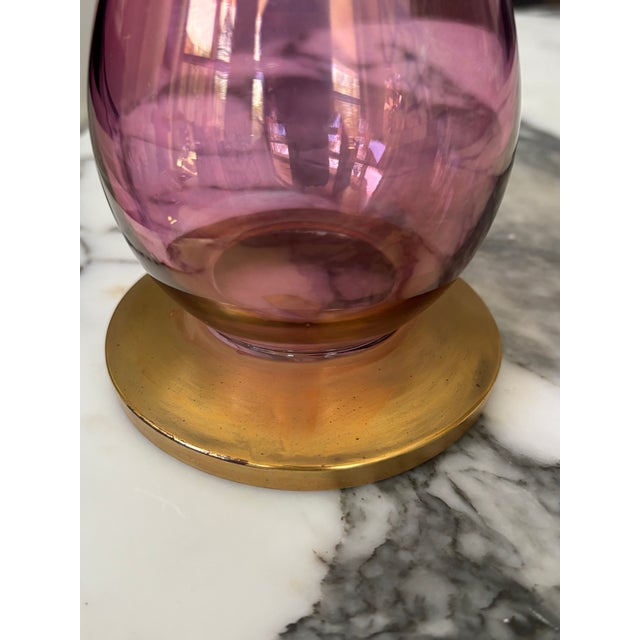Raspberry Pink Mid-20th Century Rainbow Art Glass Cranberry Pink Vase With Gilt Base For Sale - Image 8 of 13