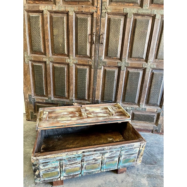 1920s Rustic Vintage Chest Wedding Trunk With Blue Patina For Sale - Image 5 of 7