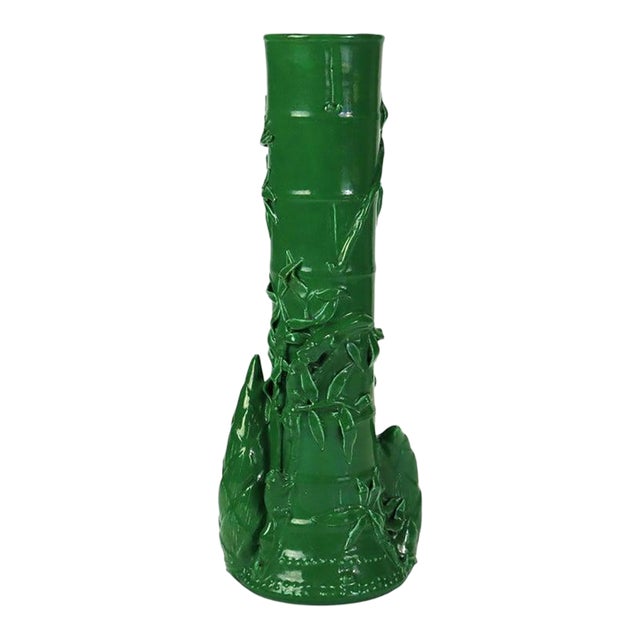 Antique Chinese Figural & Foliate Jade Green Glazed Pottery Vase C1930 For Sale