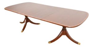 Baker Furniture Style Georgian Banded Mahogany Double Pedestal Extension Dining Table, Newly Refinished