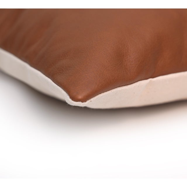 Luxury Camel Brown Genuine Leather Throw Pillow 18x18 | Handmade Modern Leather Cushion For Sale In San Francisco - Image 6 of 8