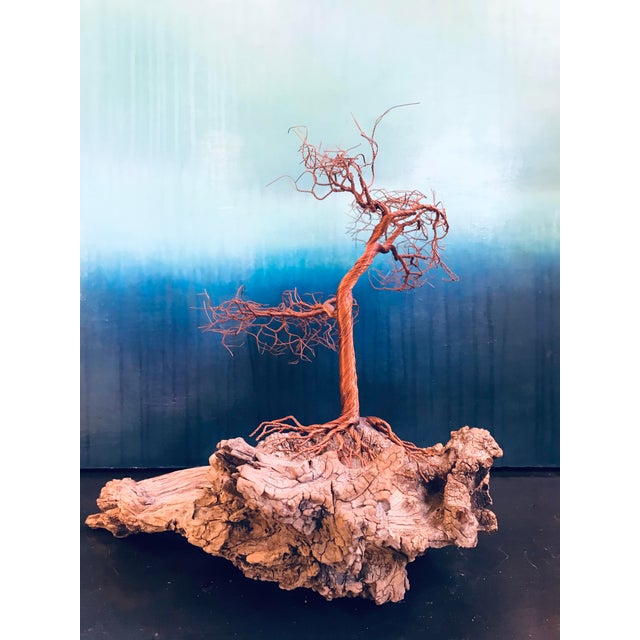 Mid-Century Modern Organic Modern Copper Wire Tree on Wood Sculpture For Sale - Image 3 of 12
