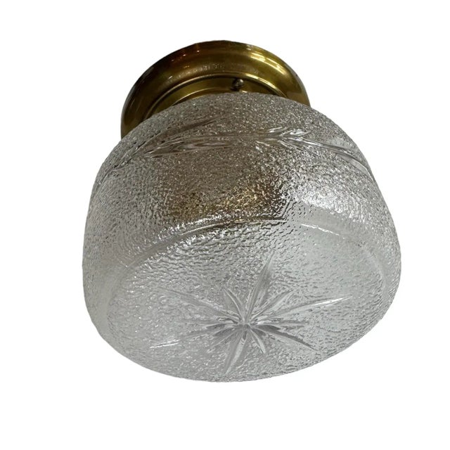 Mid-Century Modern Mid-Century Pressed Glass Petite Flushmount Fixture With Original Brass Holder For Sale - Image 3 of 4