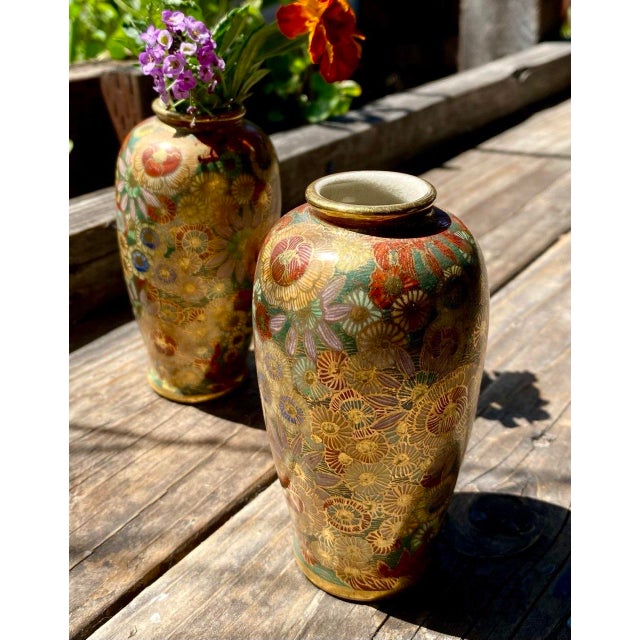 Early 20th Century Pair Japanese Satsuma Hanazume Miniature Cabinet Vases, Floral Decoration, 5 Inches For Sale - Image 4 of 11