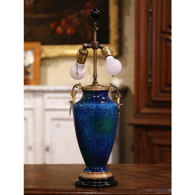 French Mid-Century French Blue Glazed Ceramic and Bronze Urn Table Lamp For Sale - Image 3 of 10