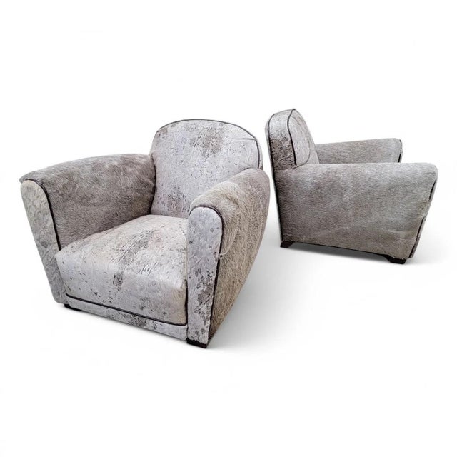 Vintage French Art Deco Club Chairs Reupholstered in Cowhide - Pair For Sale - Image 9 of 11