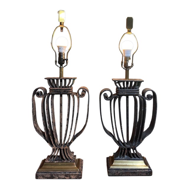 1991 Monumental Chapman Patinated Iron & Brass Urn Table Lamps - a Pair For Sale