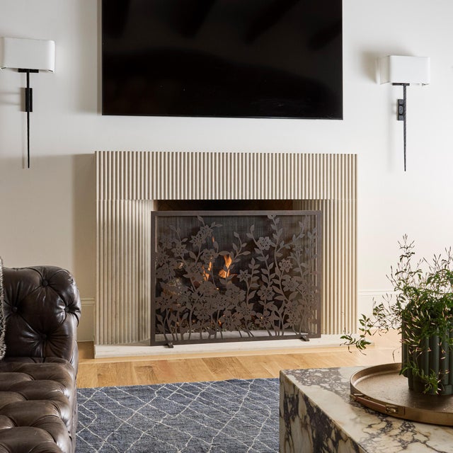 Gold Rubbed Black Lacey Floral Fireplace Screen For Sale - Image 4 of 11