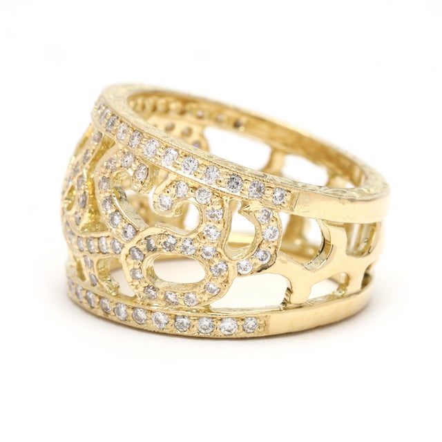 Modern 1ctw Diamond Filigree Wide Band, 18k Yellow Gold, Ring Size 5.5 For Sale - Image 3 of 6