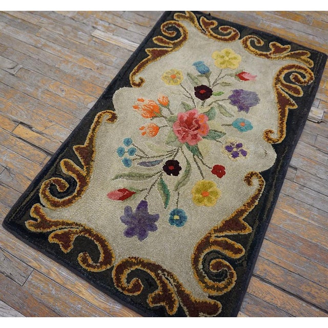 American 1900s Colorful Floral Folk Art Antique American Hooked Rug 2'6"x 4'0" Handknotted Wool Carpet For Sale - Image 3 of 11