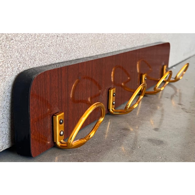 Italian, Mid-Century Modern Wood and Brass Wall Coat Hanger, 1960s For Sale - Image 18 of 18