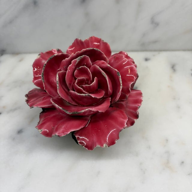 Striking antique French porcelain rose flower sculpture with a large, fully modeled bloom composed of individually formed...