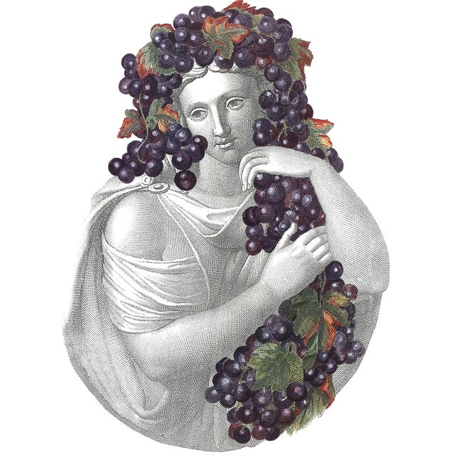 Artist: Piero Fornasetti Title: Portrait with Grapes Year: Unknown Signed: No Medium: Offset Lithograph Paper Size: 31.5 x...