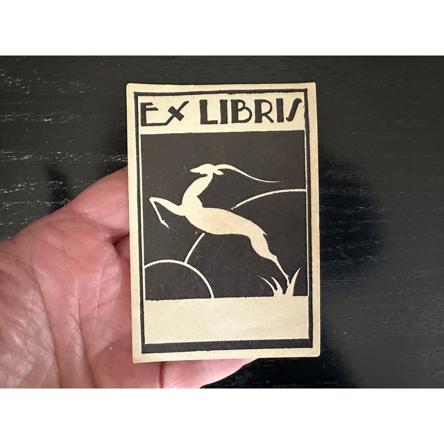 A classic Art Deco gazelle prances across this vintage 1930s ex libris bookplate. Use the vintage book plate as intended...