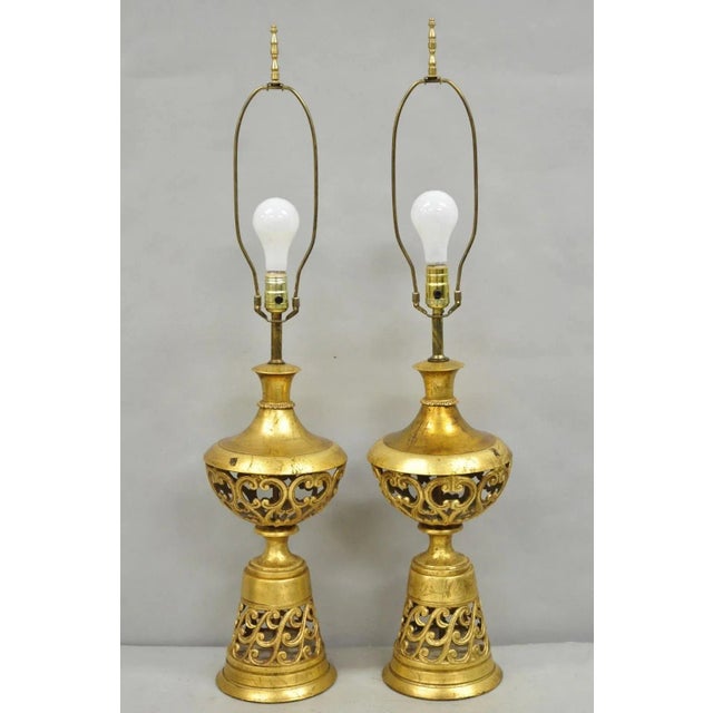 Vintage Italian Hollywood Regency Gold Gilt Iron Metal Fretwork Table Lamps Pair For Sale - Image 12 of 12