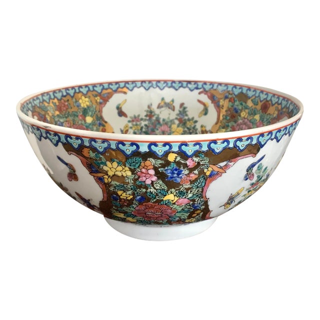 Stunning Gilt Multicolor 10” Large Chinoiserie Porcelain Bowl For Sale