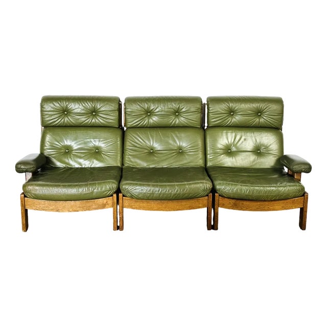 Modular Scandinavian Sofa in Green Leather, 1960s, Set of 3 For Sale