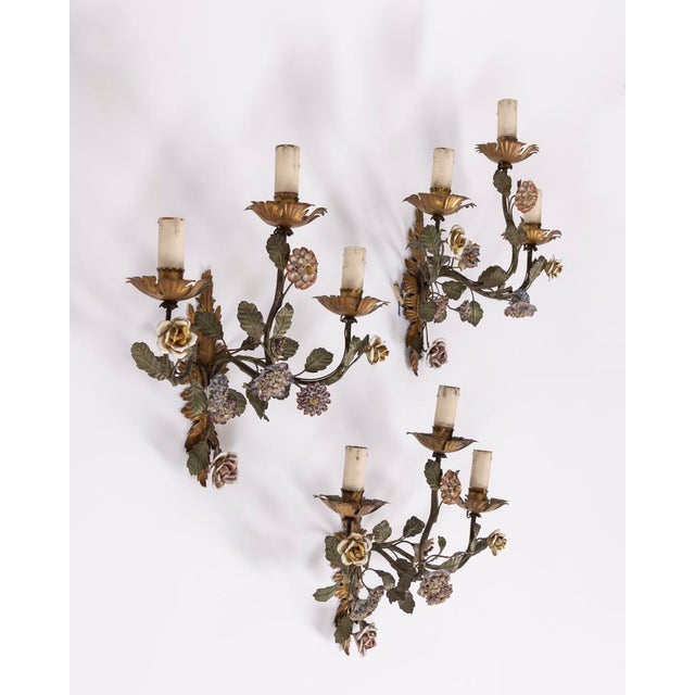 Vintage Italian Floral Wall Lamps in Iron and Porcelain, 1950s, Set of 3 For Sale - Image 3 of 16
