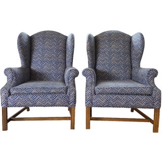 Chippendale Wingbacks in Navy Tribal - A Pair For Sale