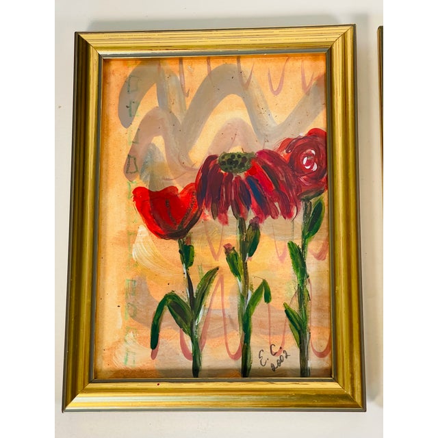 1970s Pair Abstract Floral Original Small Paintings in Gold Frames For Sale In Miami - Image 6 of 6
