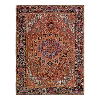 1920s Red Classic Medallion Antique Persian Heriz Carpet 9' X 11' 11" Knotted Wool Rug For Sale