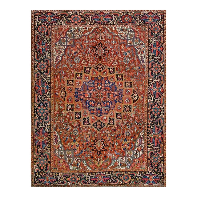 1920s Red Classic Medallion Antique Persian Heriz Carpet 9' X 11' 11" Knotted Wool Rug For Sale
