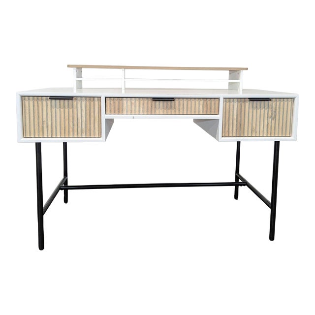 West Elm Quinn Modern Desk With Three Drawers and Raised Shelf For Sale