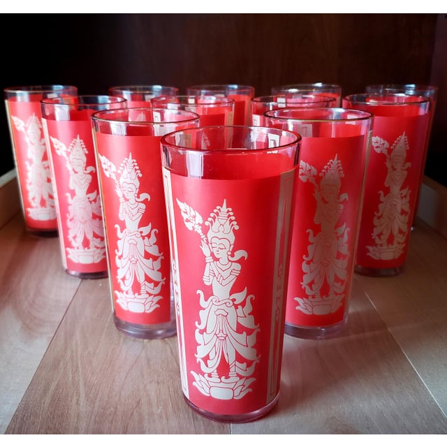 Mid 20th Century Culver Red & Gold Thai Goddess 22k Gold Red Highball Glasses – Set of 12 For Sale - Image 5 of 5