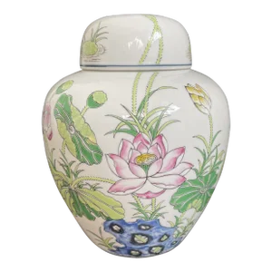 Vintage Chinoiserie Famille Rose Cloisonne Water Lily & Pad Lidded Ginger Jar