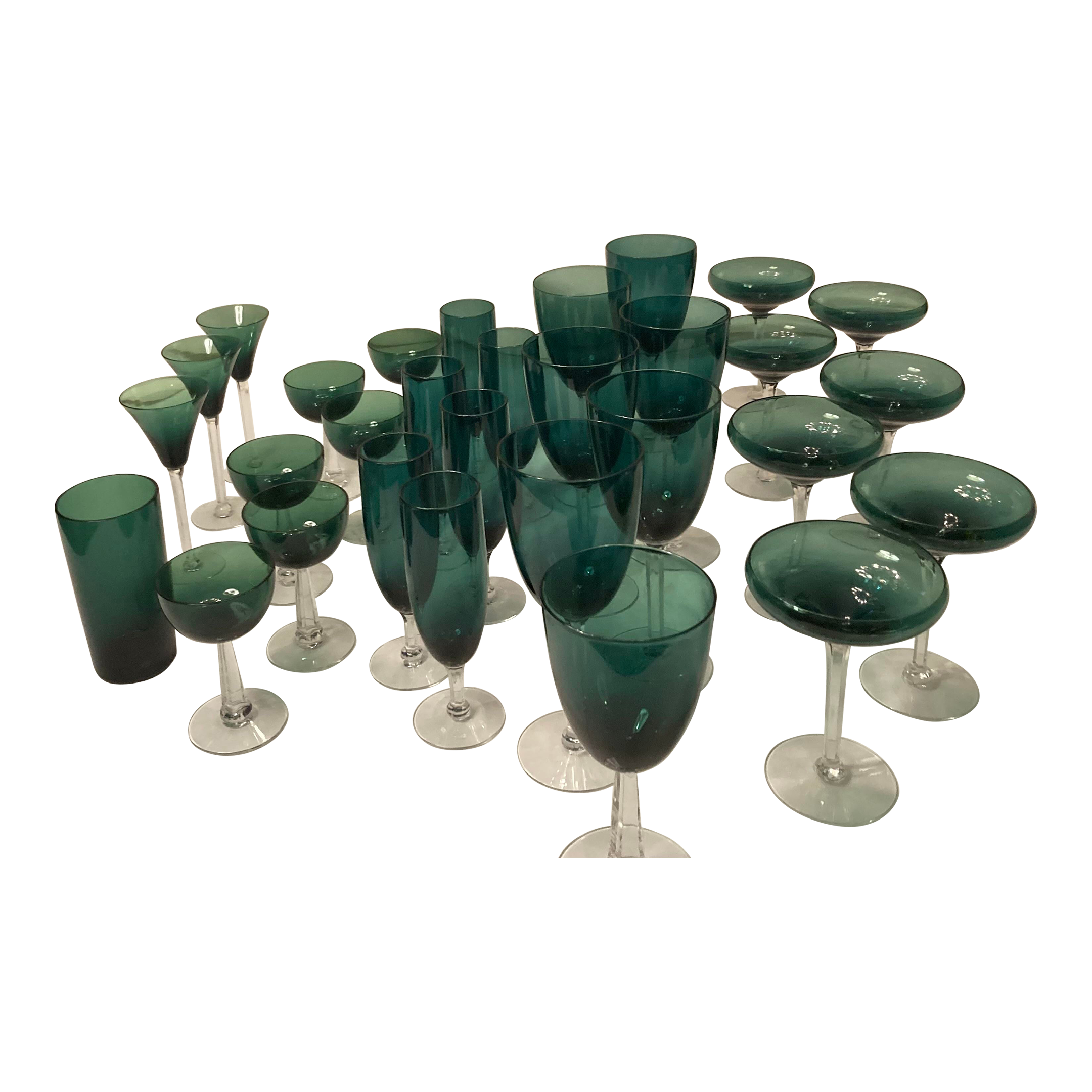 Vintage Set of Dark Emerald Green Crystal Glass Set of Wine Beverage Glasses  | Chairish