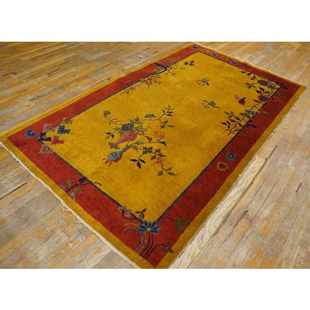 Art Deco 1920s Goldenrod Vase Floral Antique Chinese Art Deco Carpet 4' X 6'10" Handknotted Wool Rug For Sale - Image 3 of 12