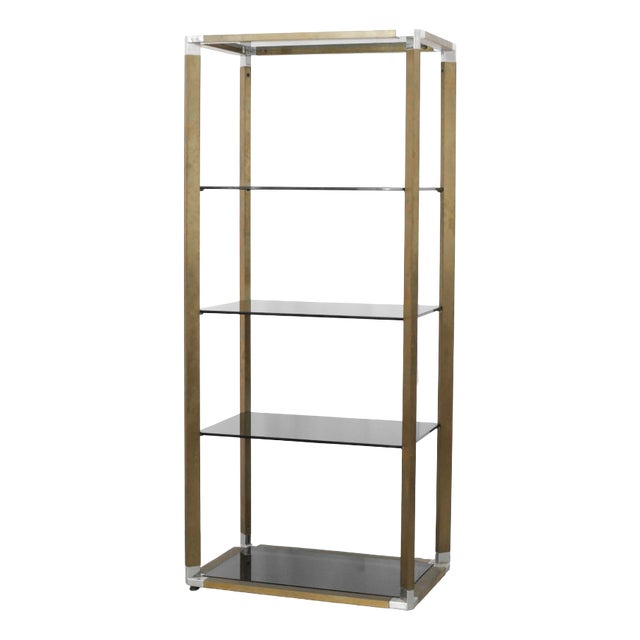 Italian Brass-Finish Shelf with Grey Glass, 1970s For Sale