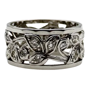 Vintage 14K White Gold Foliate Diamond Ring with Reticulation Size 8