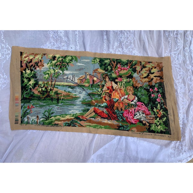 Textile Vintage French Handmade Needlepoint Wall Aubusson Tapestry Pecheur’ D’ Apres Francois Boucher For Sale - Image 7 of 12