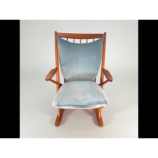 Teak Rocking Chair with Mohair Velvet Cover in Ice Blue by Frank Reenskaug for Bramin, Denmark, 1960s For Sale - Image 11 of 17
