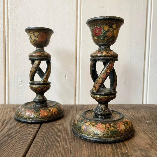 Kashmiri Hand-Painted Floral Gilt Papier Mache Candlesticks, Early 20th Century, Set of 2 For Sale - Image 3 of 9